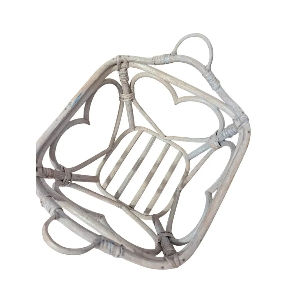 Vintage Whitewashed Rattan Bamboo Basket Heart Cutout‎ Boho Cottagecore Decor